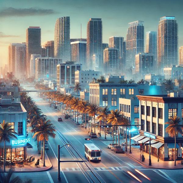 Sunset cityscape with skyscrapers and bustling street.