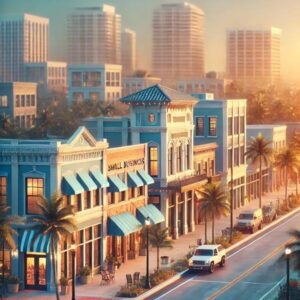 Sunlit street view of charming downtown with palm trees