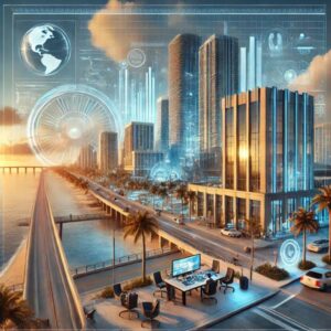 Futuristic cityscape with holographic displays and waterfront.