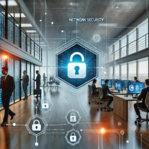 Modern office with network security hologram and workers