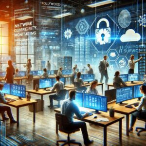 Busy tech office with advanced digital data displays