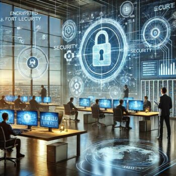 High-tech cybersecurity command center with digital interfaces