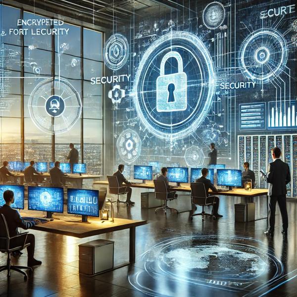 High-tech cybersecurity command center with digital interfaces