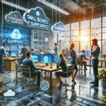 Professionals in futuristic tech office with digital displays