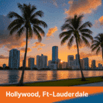 Sunset over Ft-Lauderdale skyline with palm trees